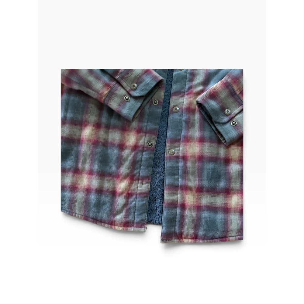 KUHL Mens Medium Sherpa Lined Flannel Plaid Shirt Jacket Gray Burgundy Shacket - Picture 2 of 12
